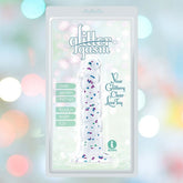 Packaged Icon Brands Glittergasm Dong - Blue and Green Swirl 7", a clear silicone adult toy with glitter inside. Packaging features “glittergasm,” “over seven inches,” “body-safe TPR,” and “Your Glittery Clear Love Toy” against pastel bokeh lights.